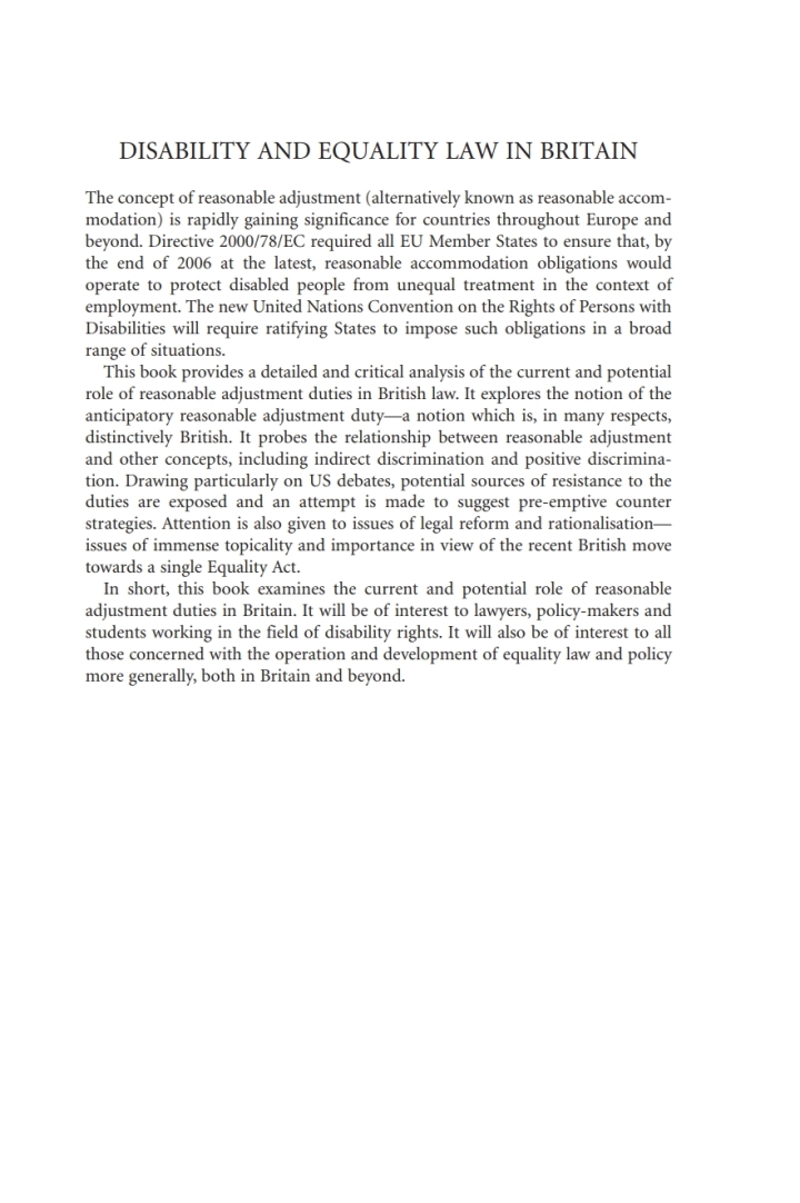 Disability and Equality Law in Britain: The Role of Reasonable Adjustment